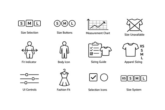 Clothing size icons for measurement, selection, and fit guide with apparel sizing