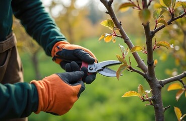 Obraz premium Gardener trims young apple tree branches in autumn using shears. Person wears gloves while working on fruit farm. Healthy plant care, pruning hobby.