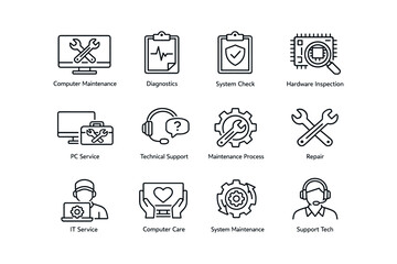 Fototapeta premium Computer and it maintenance icons: diagnostics, support, repair tools