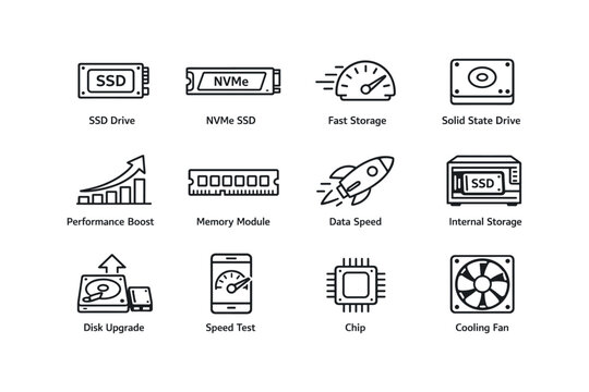 Technology icons set featuring ssd, nvme, performance boost, data speed, and cooling fan