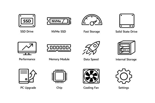 Tech icons for ssd, nvme, and pc components in black and white