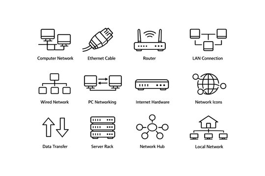 Computer network icons set featuring router, ethernet cable, and data transfer symbols