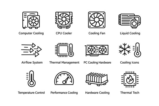 Computer cooling icons set: cpu, fan, liquid, thermal management, airflow symbols