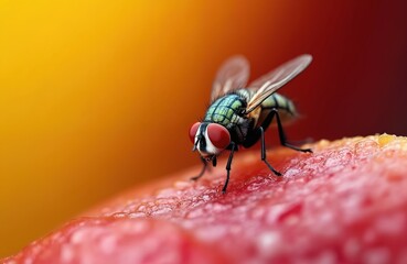 Fototapeta premium Macro view of a housefly with vibrant red eyes resting on a piece of ripe fruit. Insect detailed wings and body show intricate textures against a blurred warm background.