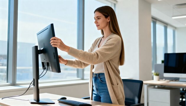 Woman adjusting computer monitor in a modern office. Professional female employee setting up her workspace for ergonomics. Standing desk setup in a bright corporate environment