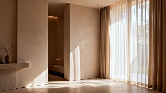 Minimalist interior with natural light streaming through sheer curtains, featuring neutral tones and modern design elements.

