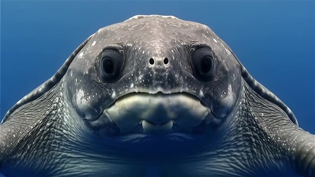 Close up portrait of a giant leatherback sea turtle in the blue ocean