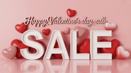 Happy Valentine's Day Sale 3D Text and Hearts on Pink Background