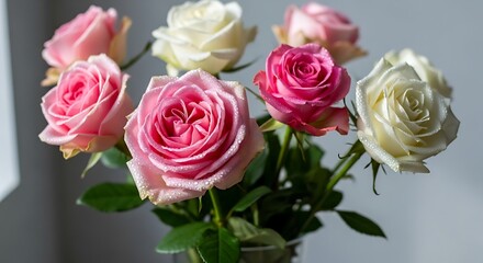 Beautiful bouquet of pink and white roses with dew drops