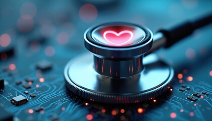 Digital stethoscope with glowing heart icon on circuit board. Modern healthcare tech concept represents health data security network. Innovation in medical diagnostics protection.