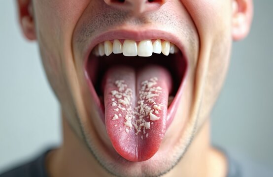 Man shows tongue with white plaque patches, indicating oral thrush or yeast infection. Close view of mouth with red inflamed tongue surface showing symptom of candida albicans. Health issue.