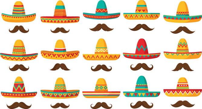 Mexican Sombrero and Mustache Vector Set Featuring Colorful Traditional Hats with Geometric Patterns for Cinco de Mayo Celebration and Festive Latin American Cultural Design.