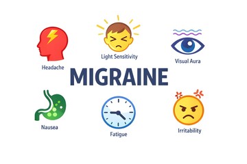  A colorful illustration showing migraine symptoms including headache, light sensitivity, nausea, irritability, and visual aura around a clock.