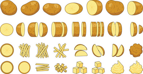 Fresh Raw Potato Vector Set Featuring Whole Organic Potatoes With Slices French Fries Wedges Cubes and Mashed Potato Elements for Food Industry and Cooking Design