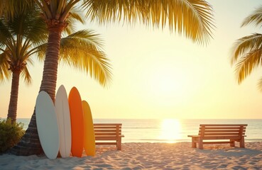 Fototapeta premium Four surfboards lean against palm trees on sandy beach. Wooden benches face calm ocean at sunset. Tropical paradise scene awaits vacationers ready for surf.