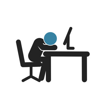 Tired employee sleeping at a desk in front of a computer. Minimalist vector illustration for burnout, overwork, fatigue, and workplace stress concepts.