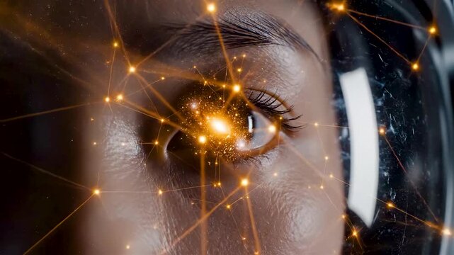 Astronaut Eye Inside Helmet Reflecting Glowing Orange Star Map Data with Dark Cinematic Mood and Detailed Human Presence in Space