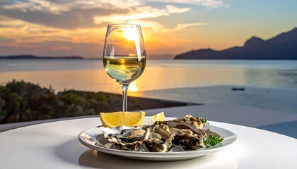 A scenic coastal view with oysters, wine, and lemon slices at sunset
