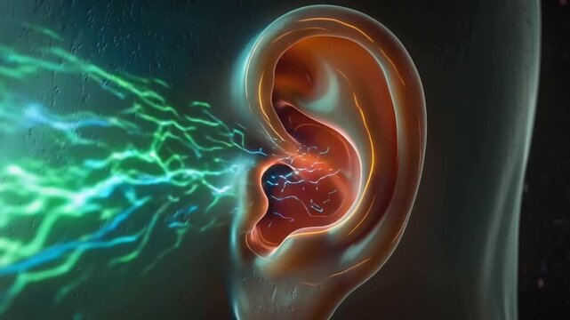 3D animation human ear canal, semi-transparent outer ear, inner structures visible eardrum cochlea, vibrant neon sound waves traveling ear, glowing dynamic waves pulsating audio frequency, soft volume