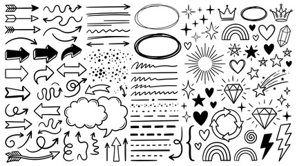 Whimsical hand-drawn illustration elements: arrows, lines, stars, crowns, rainbows, diamonds, and speech bubbles for creative projects. © Design 24