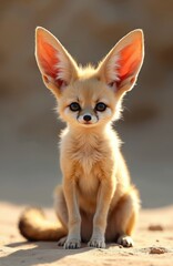 Obraz premium Small fennec fox sits on dry desert sand, looking forward with large ears. This cute baby animal, wild canine, lives in arid regions. Natural wildlife portrait outdoors.
