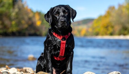 A sleek black canine with a red harness sits near a tranquil river with autumn foliage