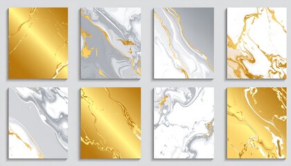 A collection of eight abstract marble textures featuring elegant gold, grey, and white liquid ink patterns.
