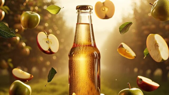 Cinematic close-up premium glass bottle filled fresh apple juice, condensation glass, floating apple slices droplets juice golden sunlight backlight, misty orchard texture, cinematic depth of field