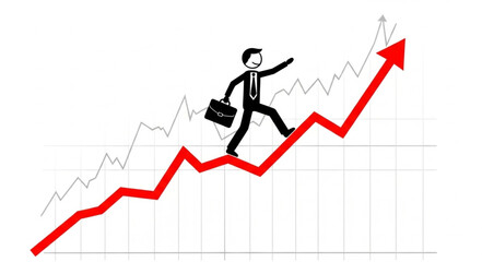 Business man climbing up red arrow graph representing growth and success.