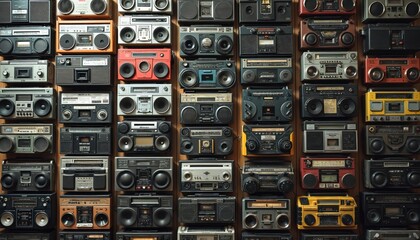Fototapeta na wymiar Wall displays many old boomboxes from the eighties. Different brands and styles of portable audio players fill shelf space. Vintage music gadgets create a retro vibe, offering old school sound.