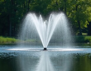 Water fountain sprays water in lake surrounded by green trees. Bubbles form around base, creating circular splash on surface. Bright sunny day.