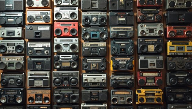 Wall displays many old boomboxes from the eighties. Different brands and styles of portable audio players fill shelf space. Vintage music gadgets create a retro vibe, offering old school sound.