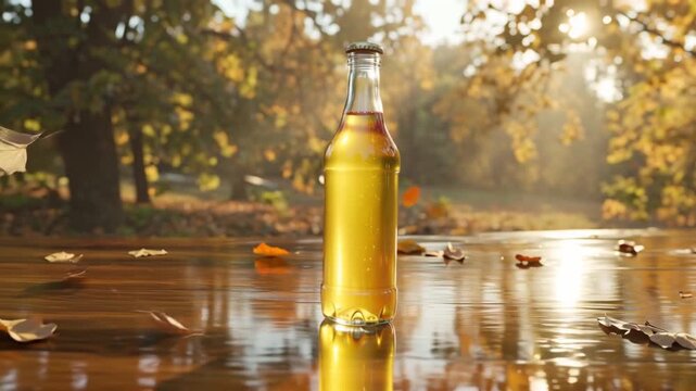 Premium apple juice bottle polished reflective wooden surface, autumn apple leaves falling swirling cinematic rotating camera angle, golden-hour warm lighting shadows reflections, macro focus bottle