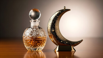 Luxurious perfume bottle and crescent moon decoration on wooden surface with soft studio lighting and warm tones