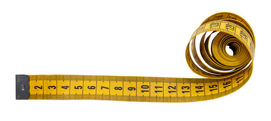 The tailors centimeter. Construction measuring tape on a white background. Roulette