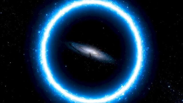 Scientific 8K visualization of gravitational lensing with a glowing blue Einstein Ring warping light from a distant galaxy in deep space