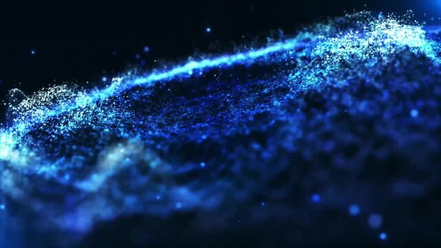 Blue Particle Wave Abstract Background, Futuristic Glowing Dust Particles Flowing in Motion, 4K High Tech Digital Data Visualization Concept.