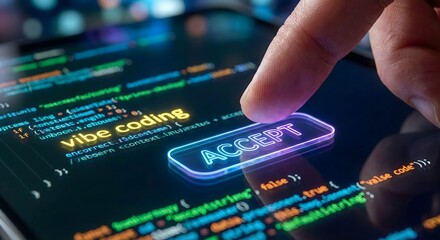 Finger touching digital interface vibe coding concept