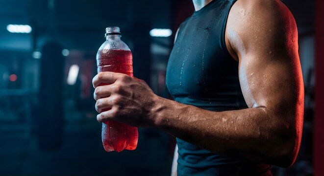 Muscular man drinking water from bottle in gym