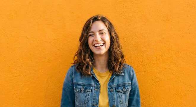 Portrait of happy young woman on yellow background