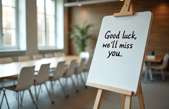 Whiteboard in modern office reads Good luck well miss you. Conference room setup for employee leaving party. Colleagues plan farewell celebration event. Team expresses best wishes.