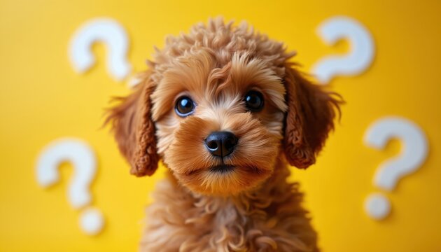 Tiny brown dog looks confused surrounded by white question marks on a bright yellow background. The small pup tilts its head and stares, pondering life mysteries and what treats come next.