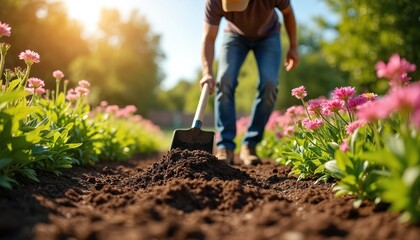 Fototapeta premium Person works in garden with shovel near blooming pink flowers. Man digs soil for planting on sunny day, summer season. Greenery plants grow in warm weather.