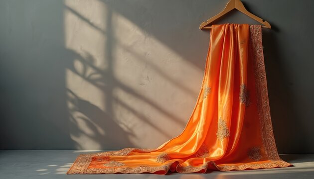 Vibrant orange silk sari with golden zari embroidery hangs on wooden hanger. Elegant Indian garment drapes on plain gray wall with soft light, shadow play. Luxurious traditional clothing for special