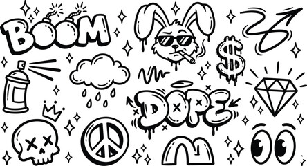 Urban graffiti doodles and cartoon sticker sheet vector © arpongfx