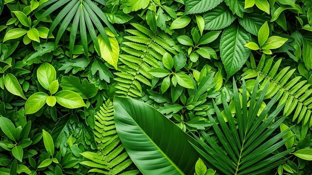 Lush tropical green leafy jungle foliage background.