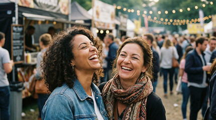 A genuine and heartwarming moment of friends laughing and connecting. An outdoor event or market with people having fun. Blurred background, copy space.