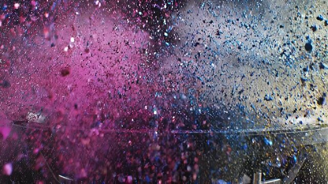 Vibrating subwoofer speaker blasting colorful cmy powder