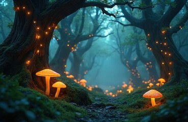 Naklejka premium Enchanted forest path with glowing mushrooms and fairy lights. Mystical woodland scenery at night with luminous fungi. Magical nature background for fantasy stories.