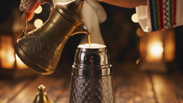 Traditional Coffee Brewing Ritual Elegantly Poured into a Decorative Thermos